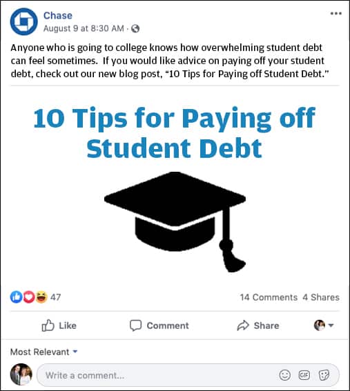 tips for paying off student debt Chase Bank Ad